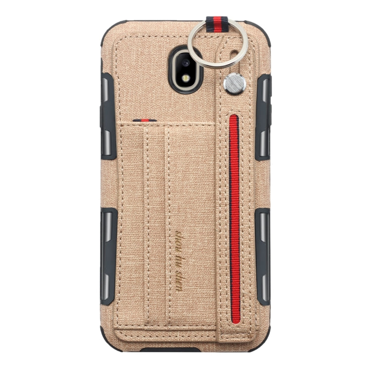 For Galaxy J7 (2017) Cloth Texture + TPU Shockproof Protective Case with Metal Ring & Holder & Card Slots & Hanging Strap