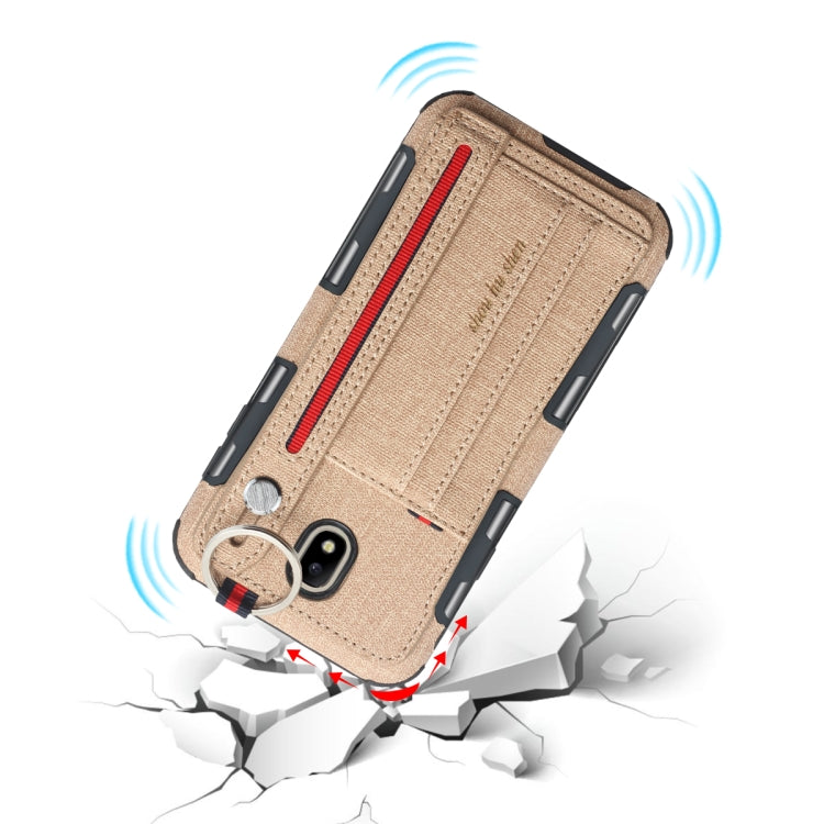 For Galaxy J7 (2017) Cloth Texture + TPU Shockproof Protective Case with Metal Ring & Holder & Card Slots & Hanging Strap