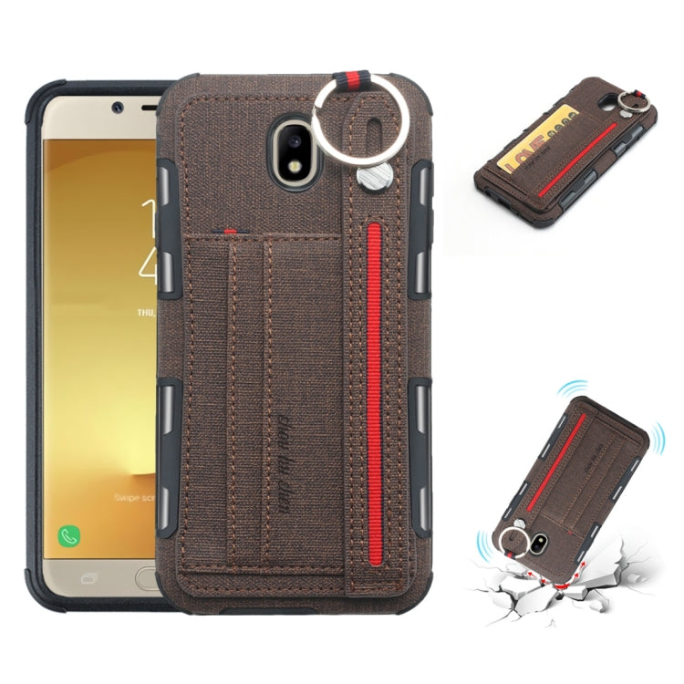 For Galaxy J7 (2017) Cloth Texture + TPU Shockproof Protective Case with Metal Ring & Holder & Card Slots & Hanging Strap
