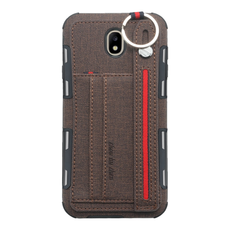 For Galaxy J7 (2017) Cloth Texture + TPU Shockproof Protective Case with Metal Ring & Holder & Card Slots & Hanging Strap