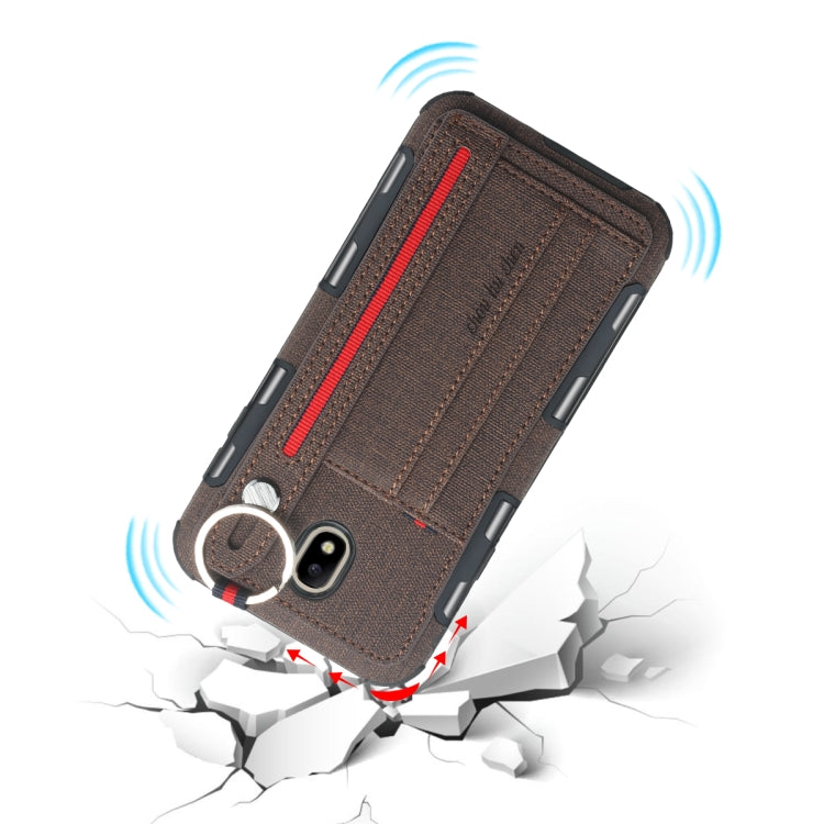 For Galaxy J7 (2017) Cloth Texture + TPU Shockproof Protective Case with Metal Ring & Holder & Card Slots & Hanging Strap