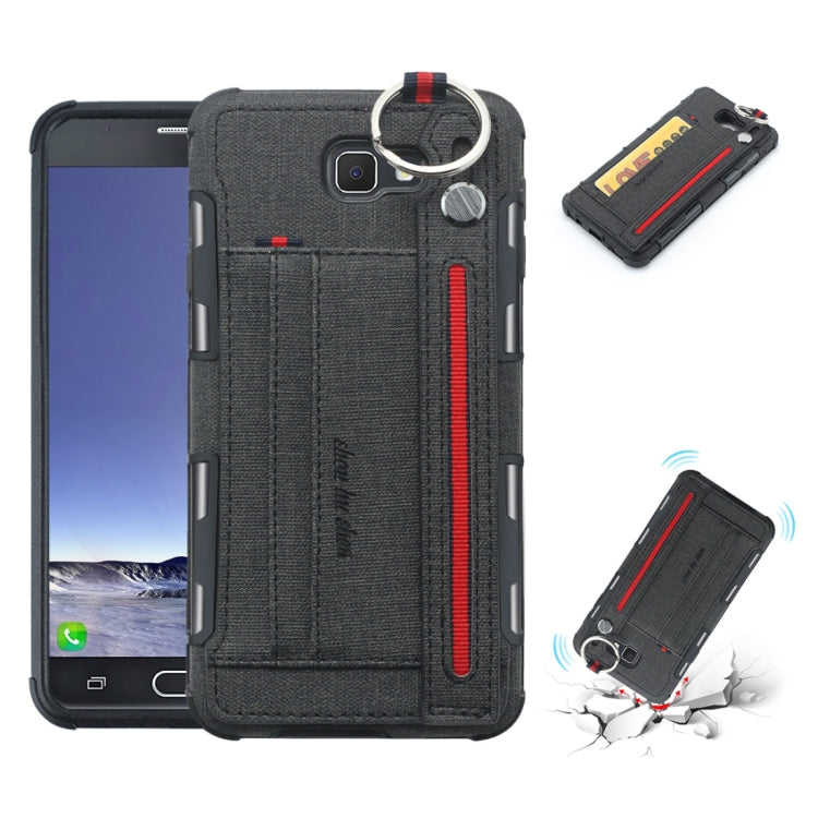 For Galaxy J7 Prime Cloth Texture + TPU Shockproof Protective Case with Metal Ring & Holder & Card Slots & Hanging Strap
