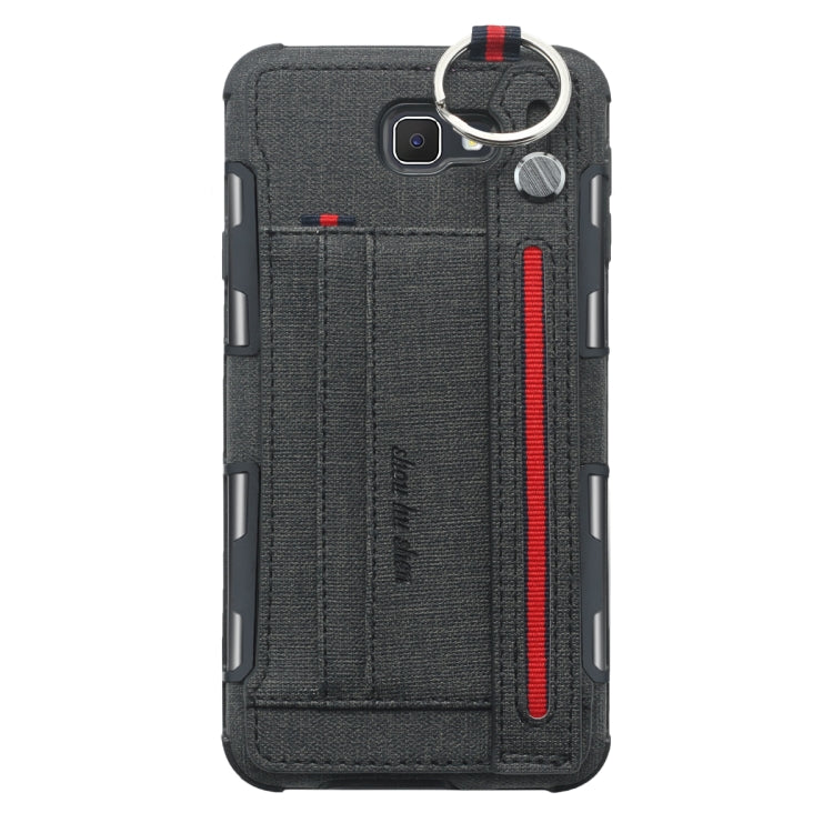 For Galaxy J7 Prime Cloth Texture + TPU Shockproof Protective Case with Metal Ring & Holder & Card Slots & Hanging Strap
