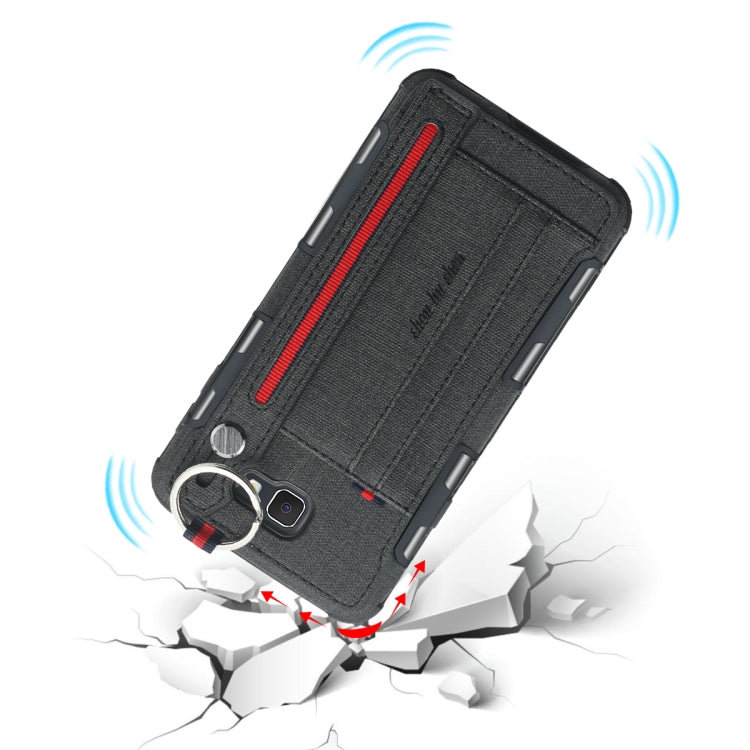 For Galaxy J7 Prime Cloth Texture + TPU Shockproof Protective Case with Metal Ring & Holder & Card Slots & Hanging Strap