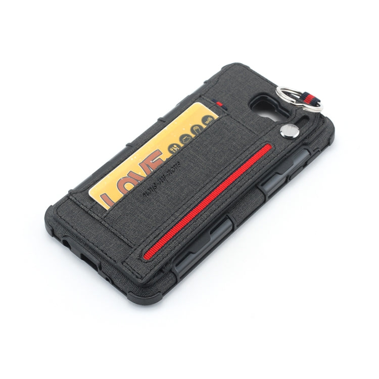 For Galaxy J7 Prime Cloth Texture + TPU Shockproof Protective Case with Metal Ring & Holder & Card Slots & Hanging Strap