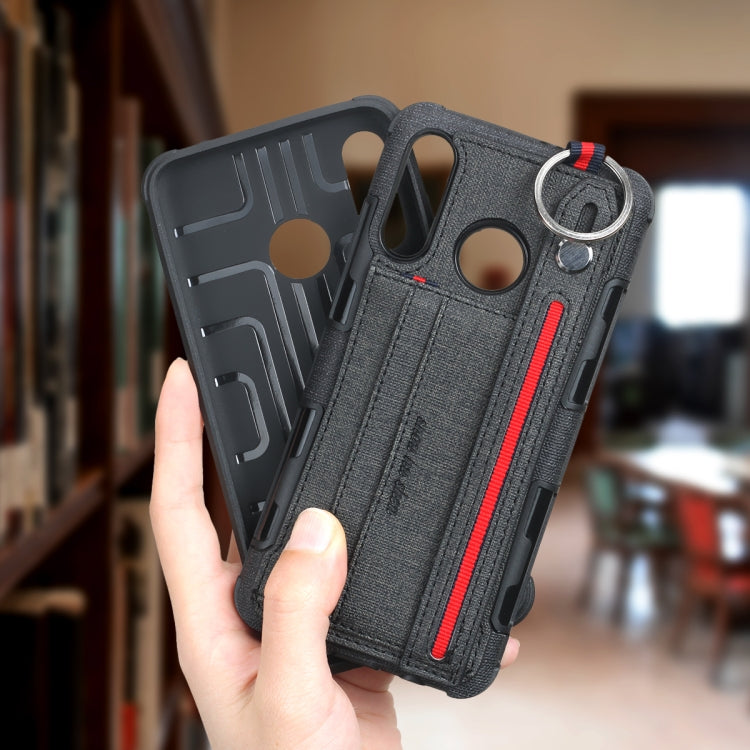 For Galaxy J7 Prime Cloth Texture + TPU Shockproof Protective Case with Metal Ring & Holder & Card Slots & Hanging Strap