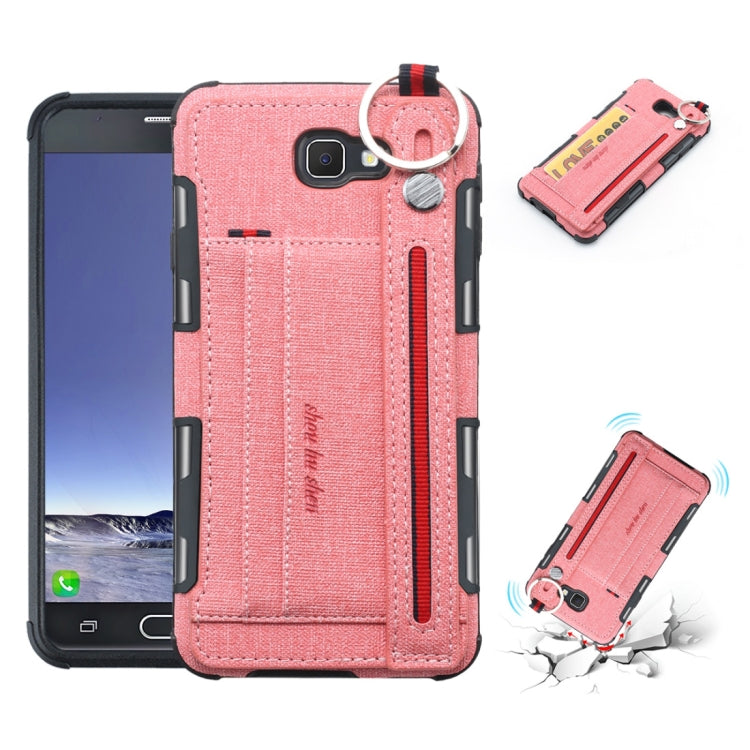 For Galaxy J7 Prime Cloth Texture + TPU Shockproof Protective Case with Metal Ring & Holder & Card Slots & Hanging Strap