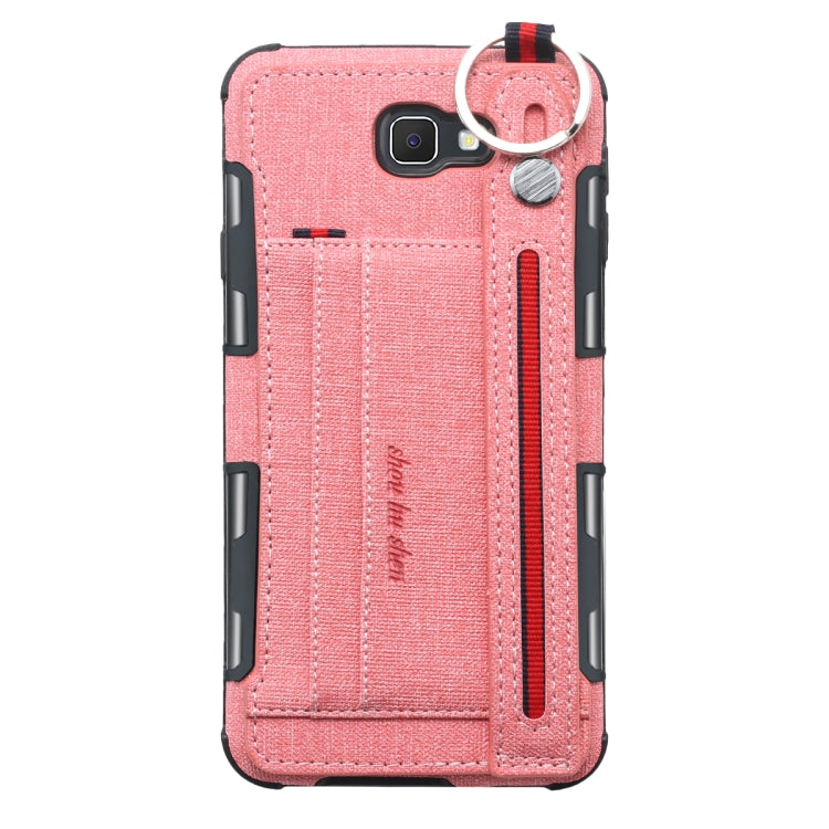 For Galaxy J7 Prime Cloth Texture + TPU Shockproof Protective Case with Metal Ring & Holder & Card Slots & Hanging Strap