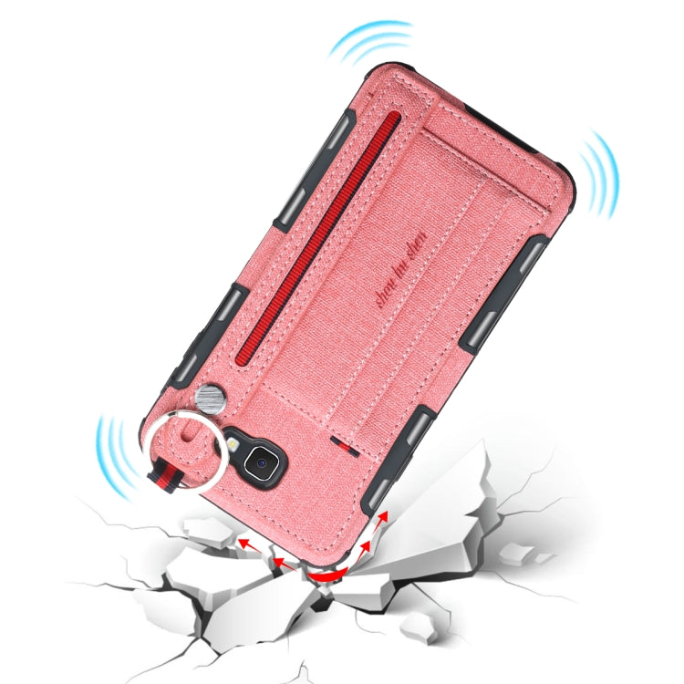 For Galaxy J7 Prime Cloth Texture + TPU Shockproof Protective Case with Metal Ring & Holder & Card Slots & Hanging Strap