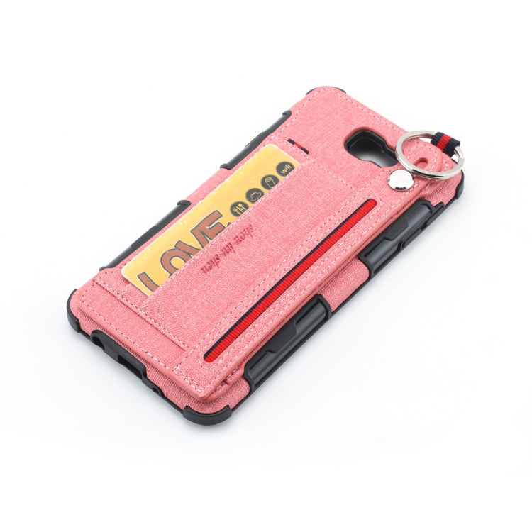 For Galaxy J7 Prime Cloth Texture + TPU Shockproof Protective Case with Metal Ring & Holder & Card Slots & Hanging Strap