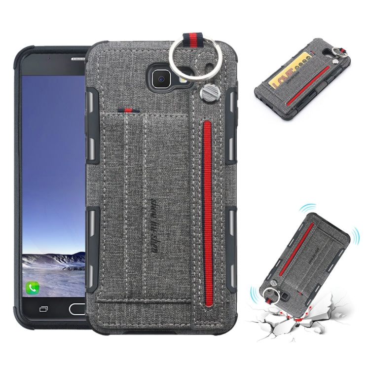 For Galaxy J7 Prime Cloth Texture + TPU Shockproof Protective Case with Metal Ring & Holder & Card Slots & Hanging Strap