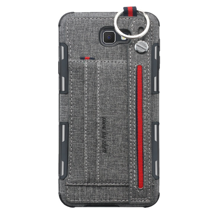For Galaxy J7 Prime Cloth Texture + TPU Shockproof Protective Case with Metal Ring & Holder & Card Slots & Hanging Strap