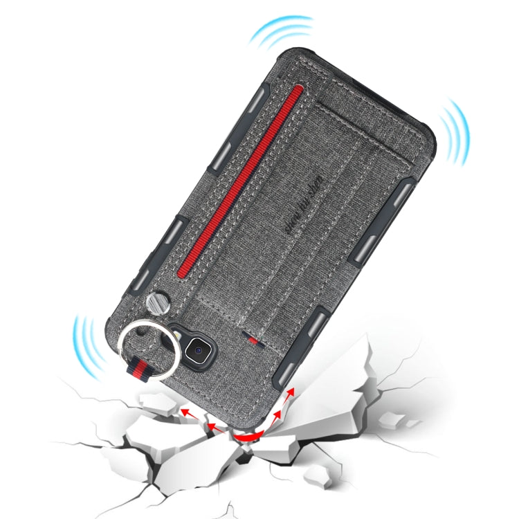 For Galaxy J7 Prime Cloth Texture + TPU Shockproof Protective Case with Metal Ring & Holder & Card Slots & Hanging Strap