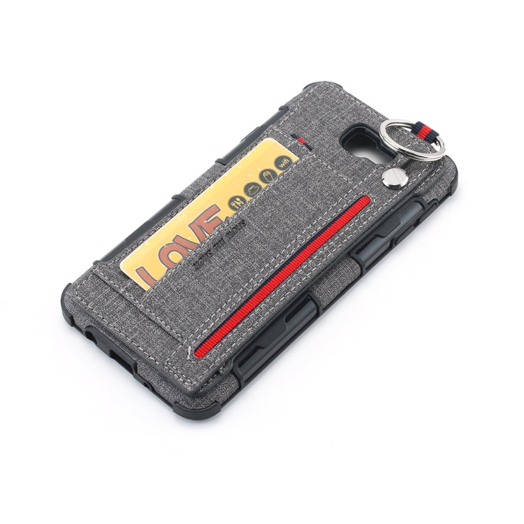 For Galaxy J7 Prime Cloth Texture + TPU Shockproof Protective Case with Metal Ring & Holder & Card Slots & Hanging Strap