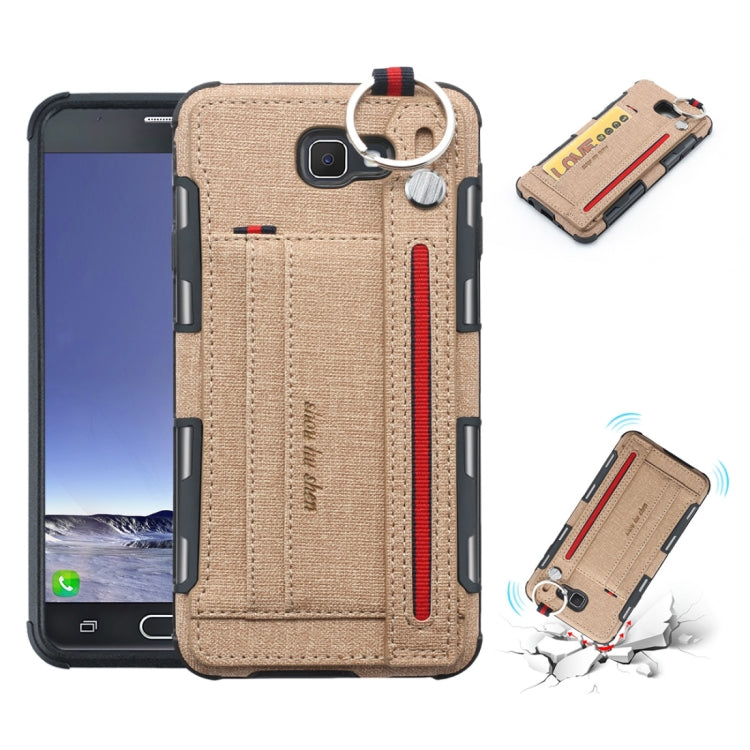For Galaxy J7 Prime Cloth Texture + TPU Shockproof Protective Case with Metal Ring & Holder & Card Slots & Hanging Strap