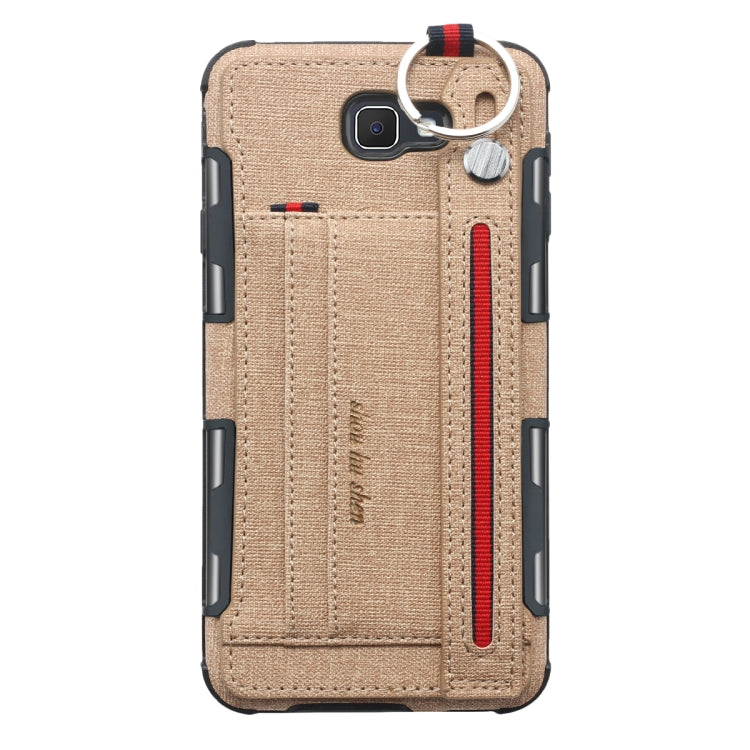 For Galaxy J7 Prime Cloth Texture + TPU Shockproof Protective Case with Metal Ring & Holder & Card Slots & Hanging Strap