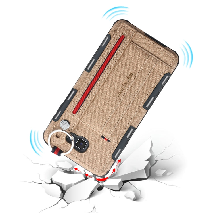 For Galaxy J7 Prime Cloth Texture + TPU Shockproof Protective Case with Metal Ring & Holder & Card Slots & Hanging Strap