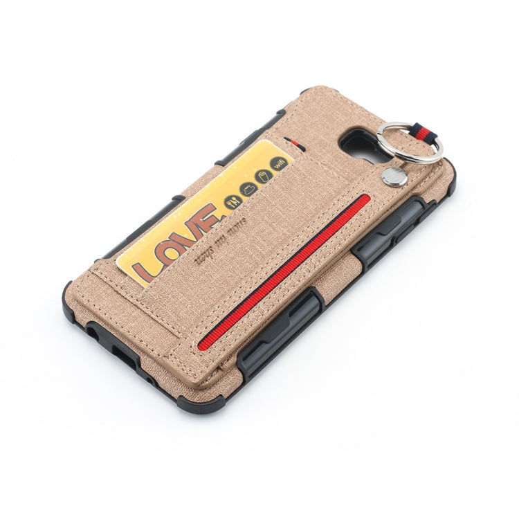 For Galaxy J7 Prime Cloth Texture + TPU Shockproof Protective Case with Metal Ring & Holder & Card Slots & Hanging Strap