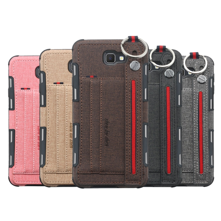 For Galaxy J7 Prime Cloth Texture + TPU Shockproof Protective Case with Metal Ring & Holder & Card Slots & Hanging Strap