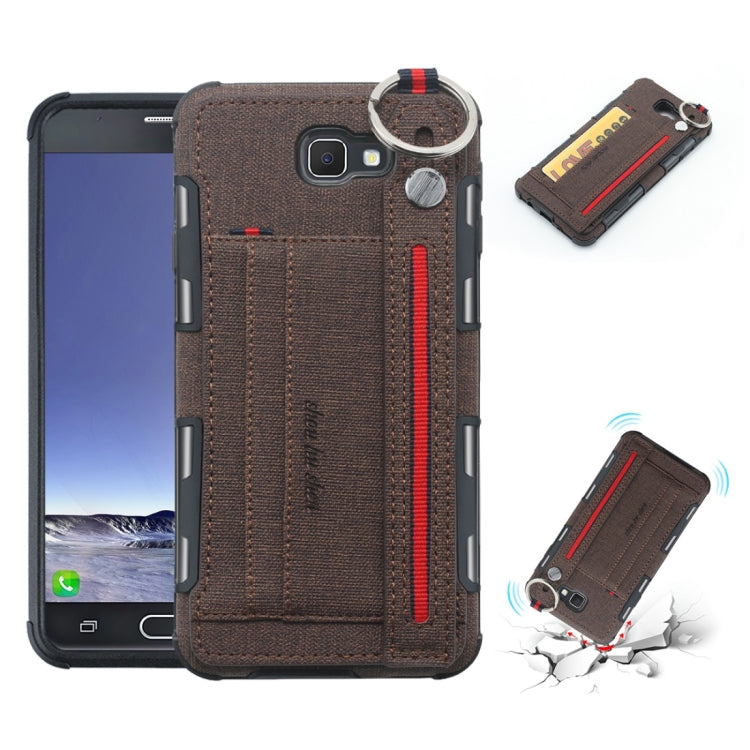 For Galaxy J7 Prime Cloth Texture + TPU Shockproof Protective Case with Metal Ring & Holder & Card Slots & Hanging Strap