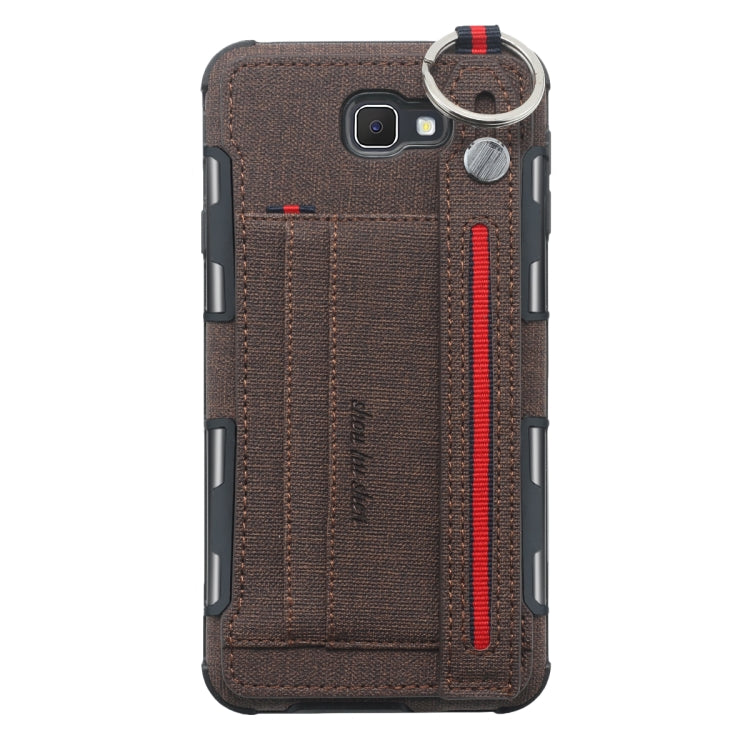 For Galaxy J7 Prime Cloth Texture + TPU Shockproof Protective Case with Metal Ring & Holder & Card Slots & Hanging Strap