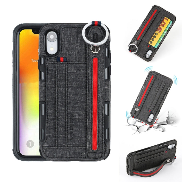 For iPhone XR Cloth Texture + TPU Shockproof Protective Case with Metal Ring & Holder & Card Slots & Hanging Strap