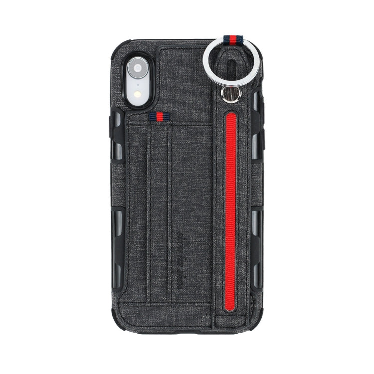 For iPhone XR Cloth Texture + TPU Shockproof Protective Case with Metal Ring & Holder & Card Slots & Hanging Strap