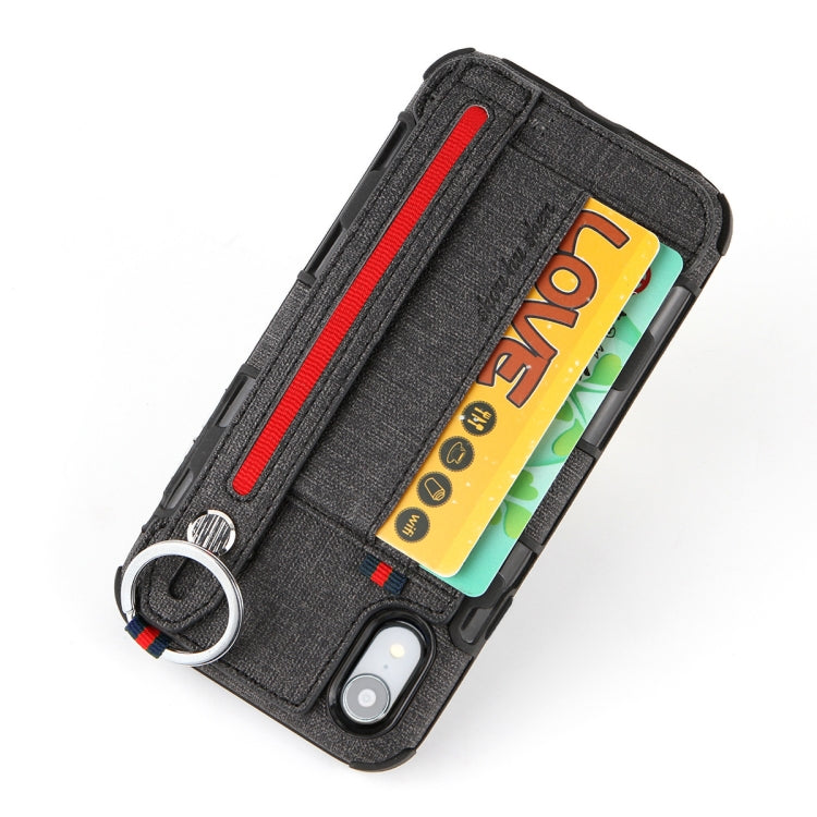 For iPhone XR Cloth Texture + TPU Shockproof Protective Case with Metal Ring & Holder & Card Slots & Hanging Strap
