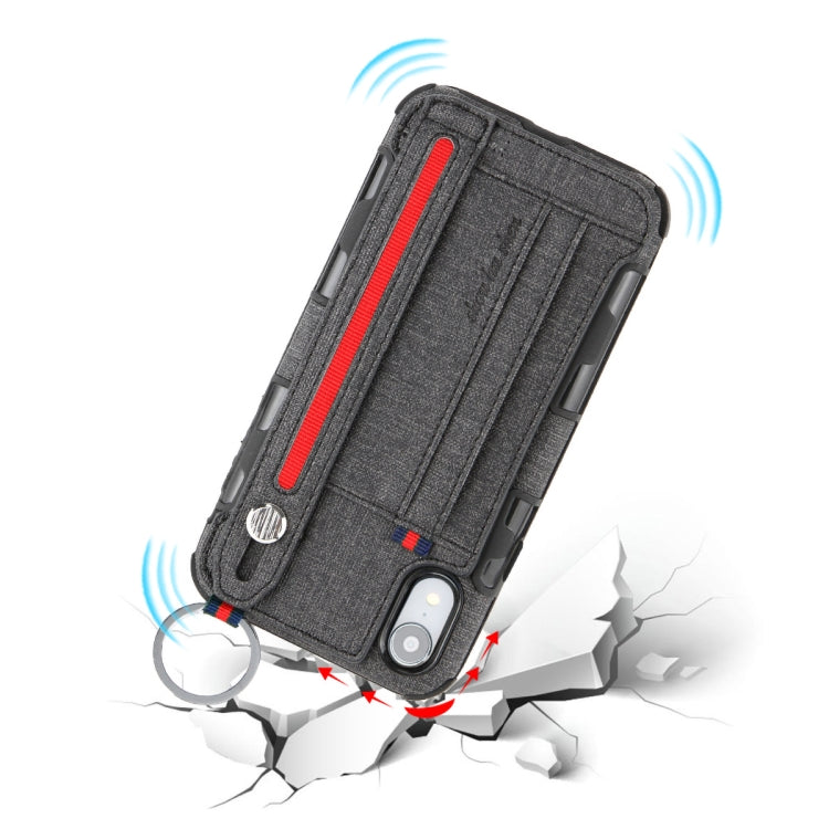 For iPhone XR Cloth Texture + TPU Shockproof Protective Case with Metal Ring & Holder & Card Slots & Hanging Strap