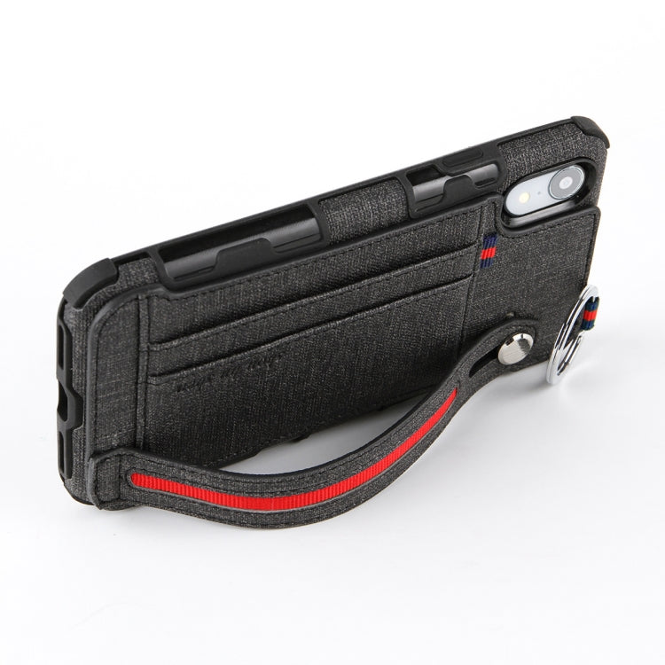 For iPhone XR Cloth Texture + TPU Shockproof Protective Case with Metal Ring & Holder & Card Slots & Hanging Strap