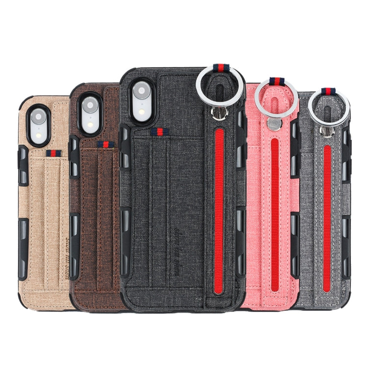 For iPhone XR Cloth Texture + TPU Shockproof Protective Case with Metal Ring & Holder & Card Slots & Hanging Strap