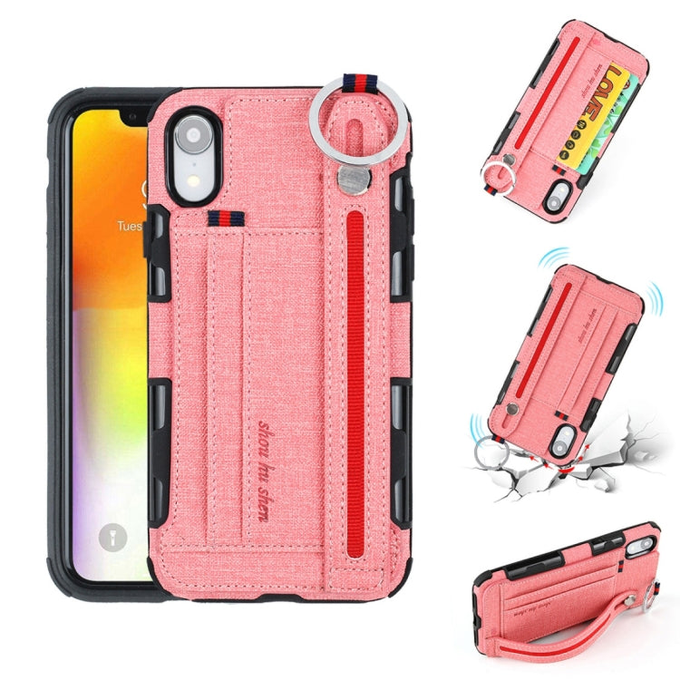 For iPhone XR Cloth Texture + TPU Shockproof Protective Case with Metal Ring & Holder & Card Slots & Hanging Strap