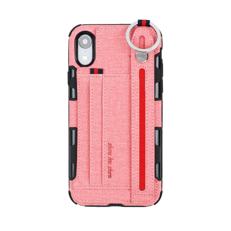 For iPhone XR Cloth Texture + TPU Shockproof Protective Case with Metal Ring & Holder & Card Slots & Hanging Strap