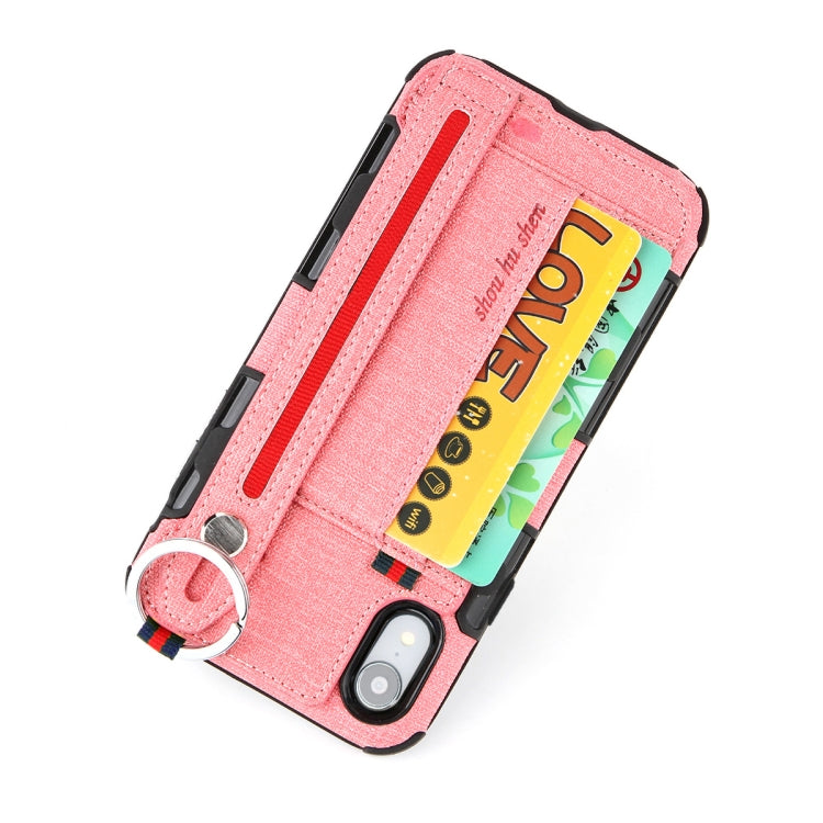 For iPhone XR Cloth Texture + TPU Shockproof Protective Case with Metal Ring & Holder & Card Slots & Hanging Strap