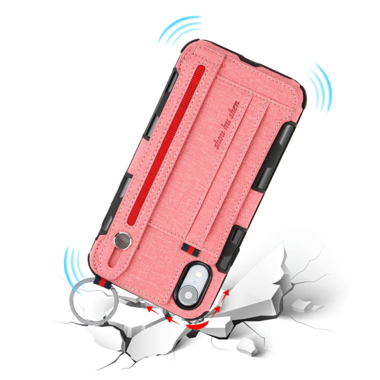 For iPhone XR Cloth Texture + TPU Shockproof Protective Case with Metal Ring & Holder & Card Slots & Hanging Strap