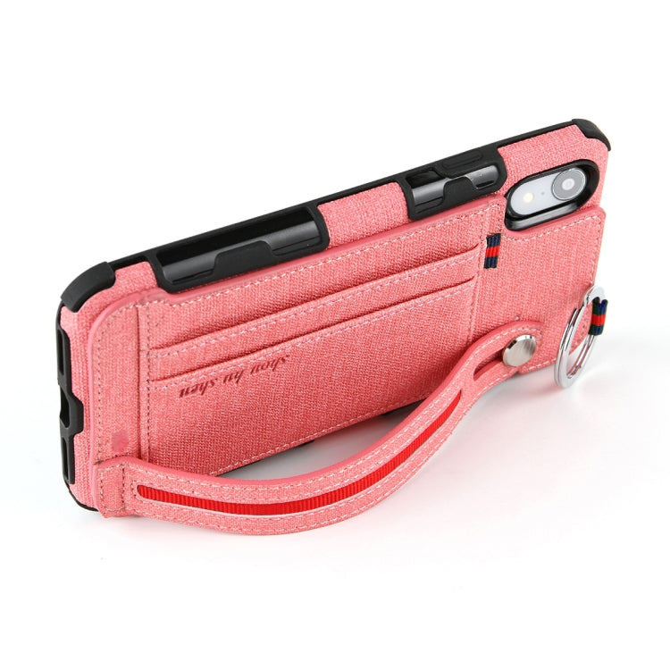 For iPhone XR Cloth Texture + TPU Shockproof Protective Case with Metal Ring & Holder & Card Slots & Hanging Strap