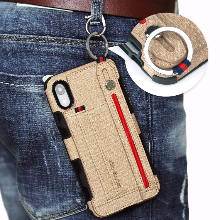 For iPhone XR Cloth Texture + TPU Shockproof Protective Case with Metal Ring & Holder & Card Slots & Hanging Strap