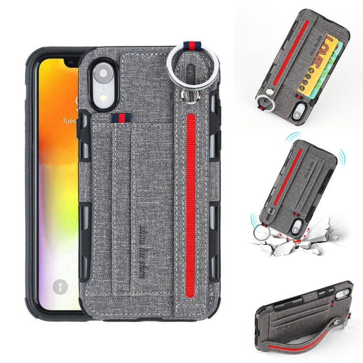 For iPhone XR Cloth Texture + TPU Shockproof Protective Case with Metal Ring & Holder & Card Slots & Hanging Strap