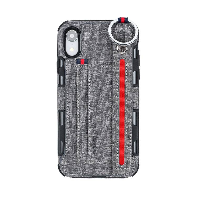 For iPhone XR Cloth Texture + TPU Shockproof Protective Case with Metal Ring & Holder & Card Slots & Hanging Strap