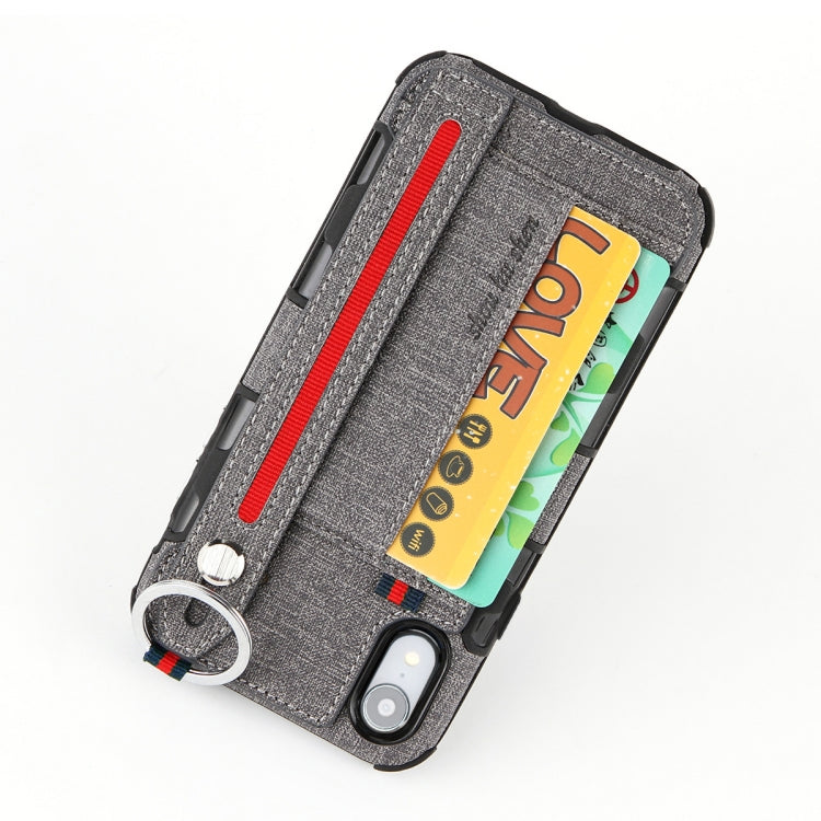 For iPhone XR Cloth Texture + TPU Shockproof Protective Case with Metal Ring & Holder & Card Slots & Hanging Strap