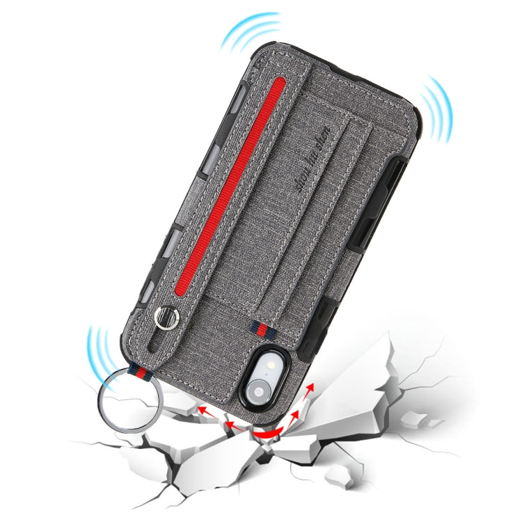 For iPhone XR Cloth Texture + TPU Shockproof Protective Case with Metal Ring & Holder & Card Slots & Hanging Strap