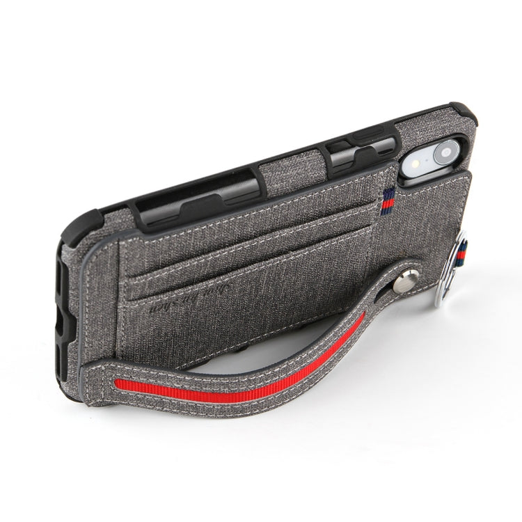 For iPhone XR Cloth Texture + TPU Shockproof Protective Case with Metal Ring & Holder & Card Slots & Hanging Strap