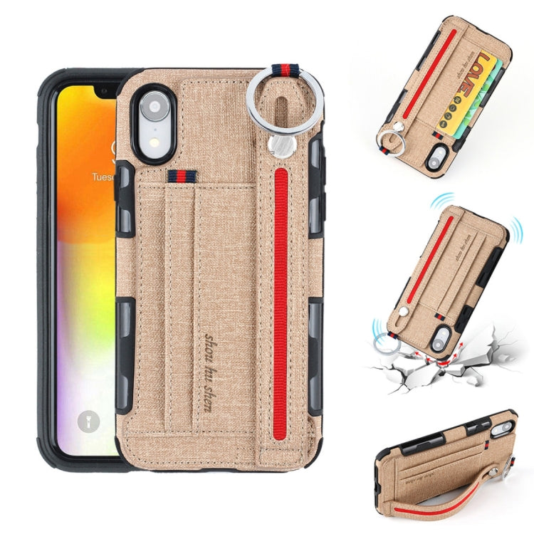 For iPhone XR Cloth Texture + TPU Shockproof Protective Case with Metal Ring & Holder & Card Slots & Hanging Strap