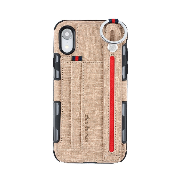 For iPhone XR Cloth Texture + TPU Shockproof Protective Case with Metal Ring & Holder & Card Slots & Hanging Strap