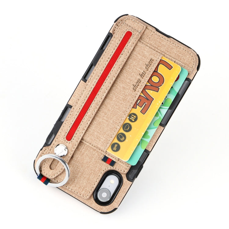 For iPhone XR Cloth Texture + TPU Shockproof Protective Case with Metal Ring & Holder & Card Slots & Hanging Strap