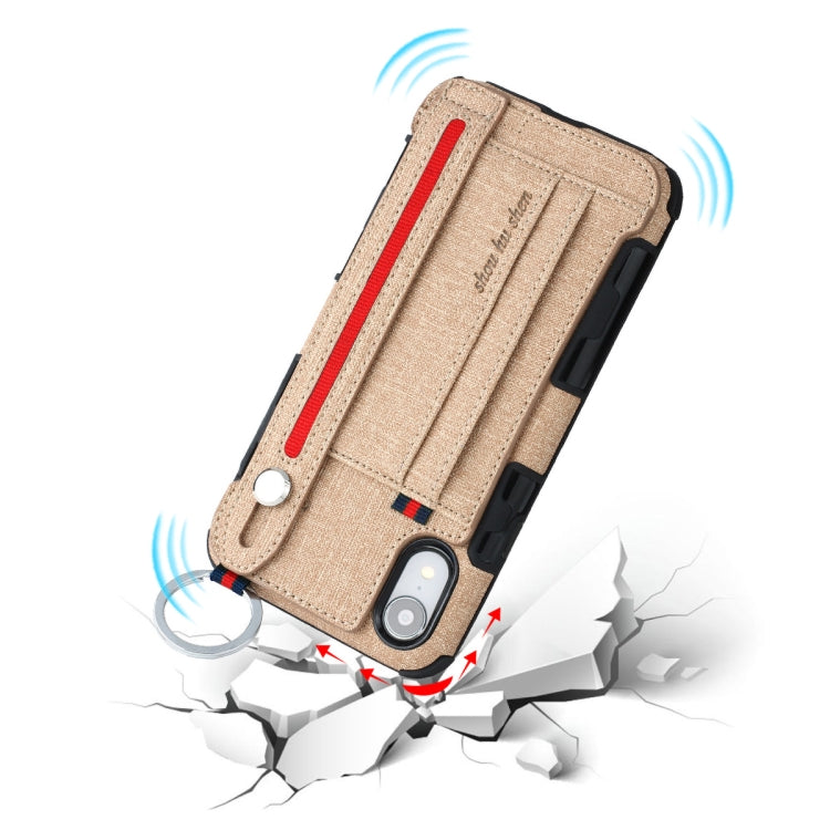 For iPhone XR Cloth Texture + TPU Shockproof Protective Case with Metal Ring & Holder & Card Slots & Hanging Strap