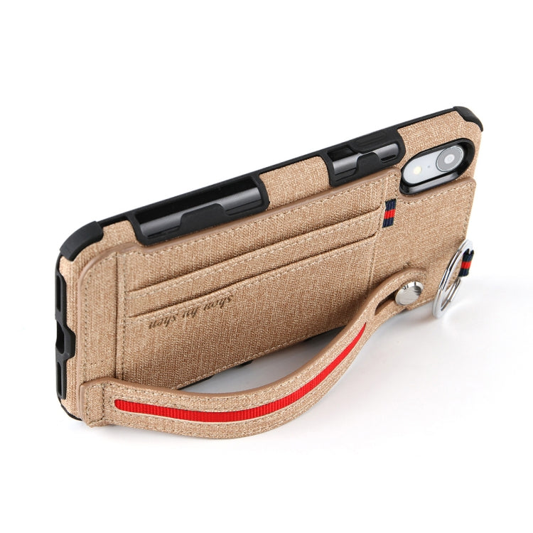 For iPhone XR Cloth Texture + TPU Shockproof Protective Case with Metal Ring & Holder & Card Slots & Hanging Strap