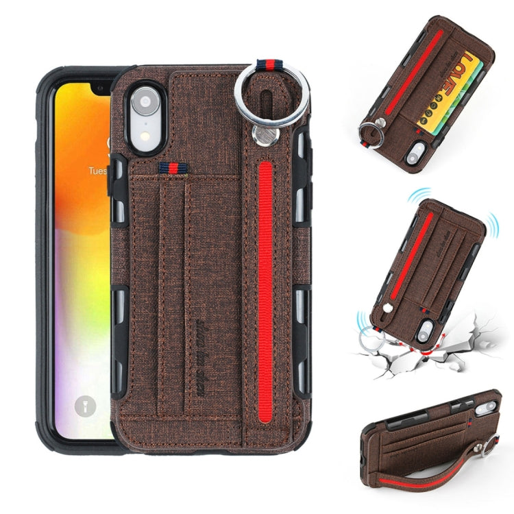 For iPhone XR Cloth Texture + TPU Shockproof Protective Case with Metal Ring & Holder & Card Slots & Hanging Strap
