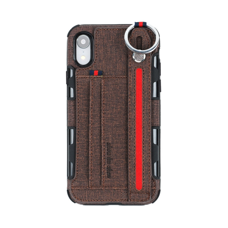 For iPhone XR Cloth Texture + TPU Shockproof Protective Case with Metal Ring & Holder & Card Slots & Hanging Strap