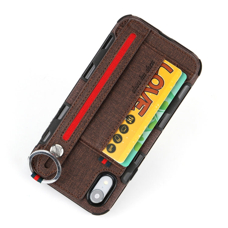 For iPhone XR Cloth Texture + TPU Shockproof Protective Case with Metal Ring & Holder & Card Slots & Hanging Strap